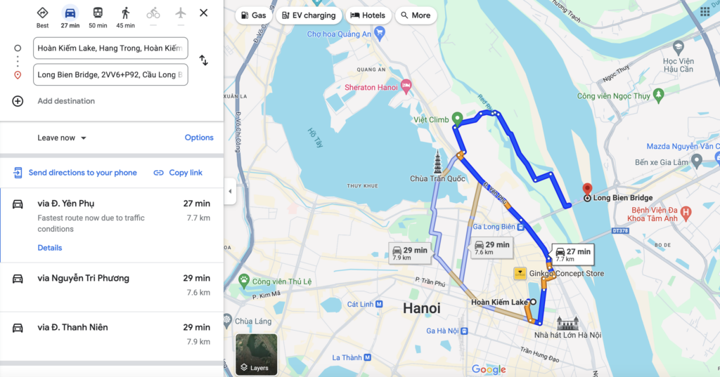 map to travel to long bien bridge from hoan kiem lake