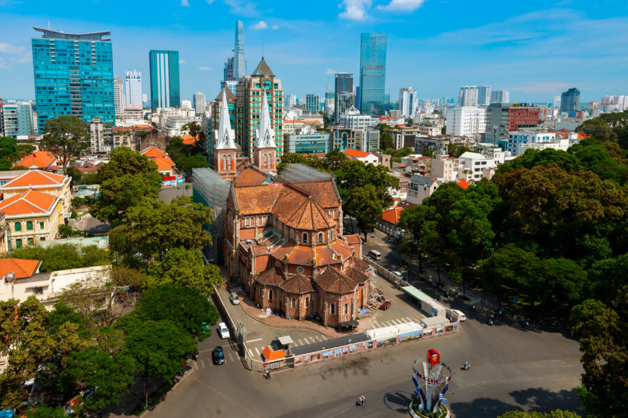 Ho Chi Minh City skyline and Notre-Dame Cathedral, a classic stop for one day in Ho Chi Minh City - Jackfruit 