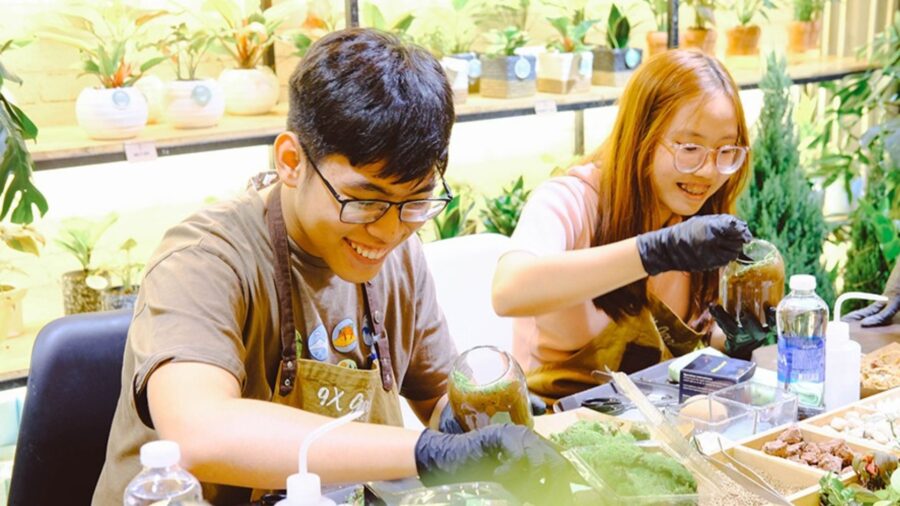 Two participants create small terrariums in glass containers during a workshop in Ho Chi Minh City, arranging soil, moss, plants, and decorative materials.