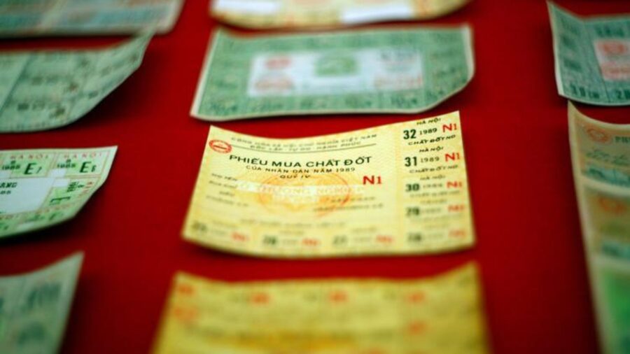 Vietnamese fuel ration coupons from the subsidy period, showing how people used vouchers to receive essential goods.
