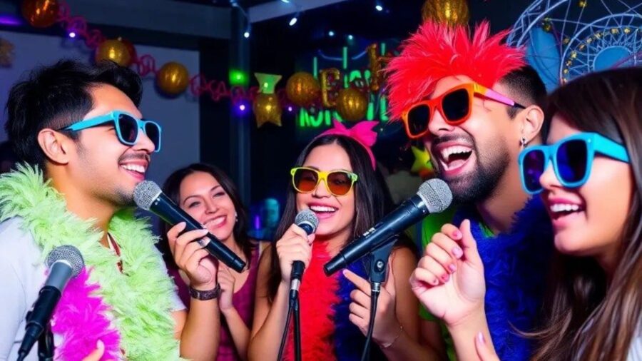 Group of friends wearing party accessories and singing karaoke in Ho Chi Minh City _ Jackfruit