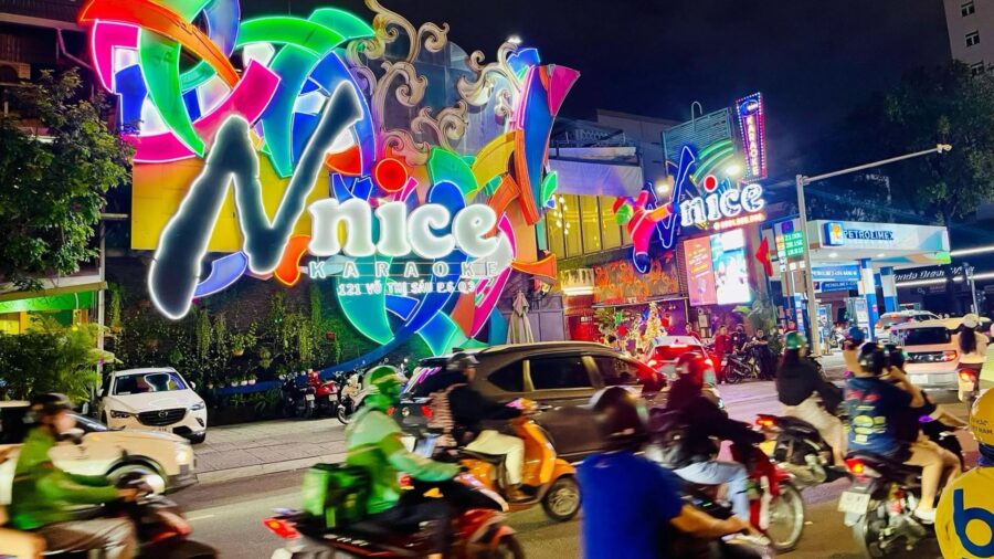 Nnice Karaoke exterior with bright lights for karaoke in Ho Chi Minh City _ Jackfruit